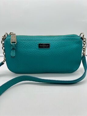 COLE HAAN Turquoise Blue Pebbled Leather Small Chain Crossbody Shoulder Bag WOC
